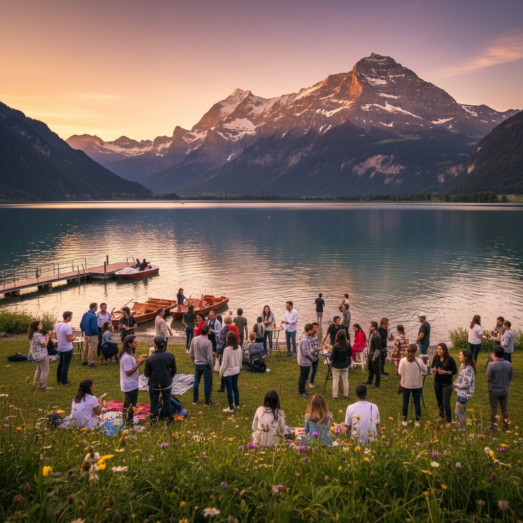 Switzerland diverse people social gathering lakeside Alps