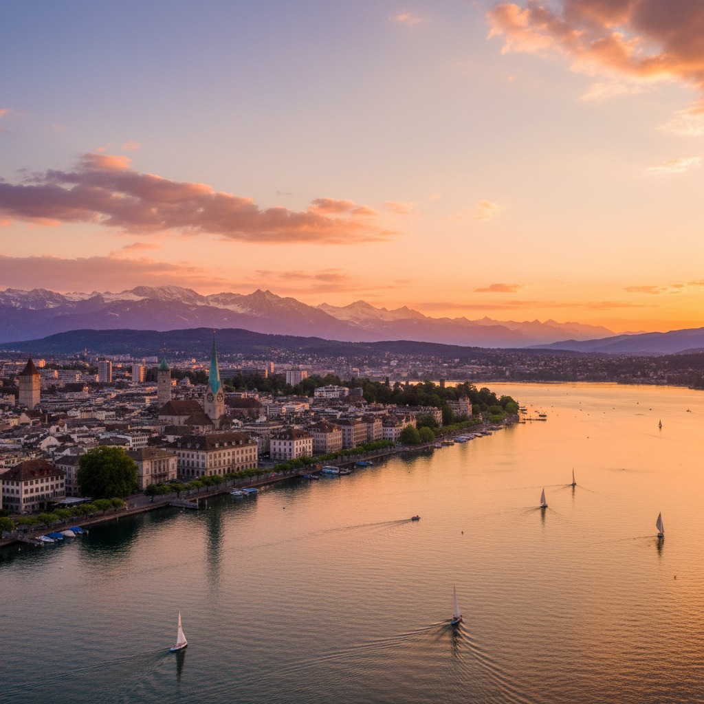 Zurich cityscape lake mountains sunset golden hour