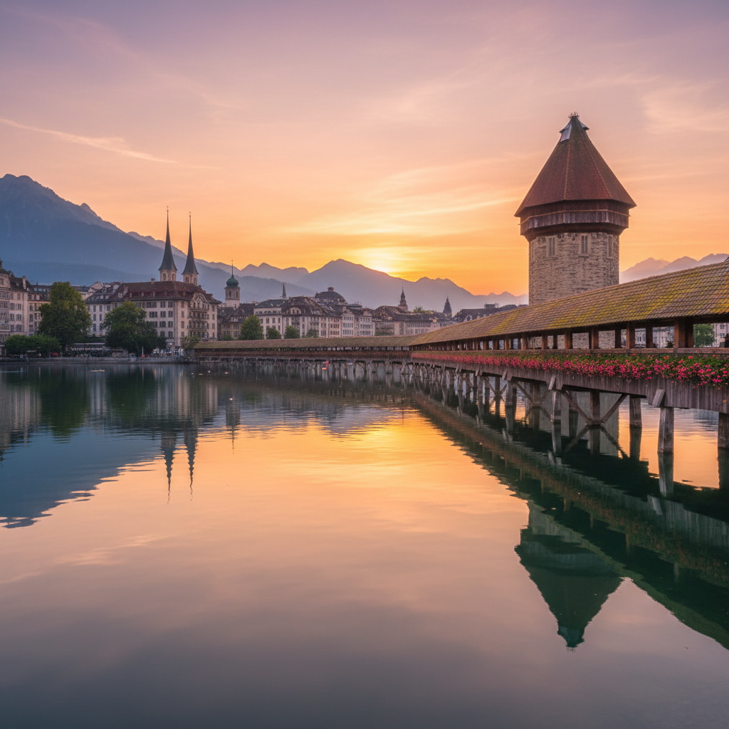 Lucerne Chapel Bridge Kapellbrücke romantic sunset reflection