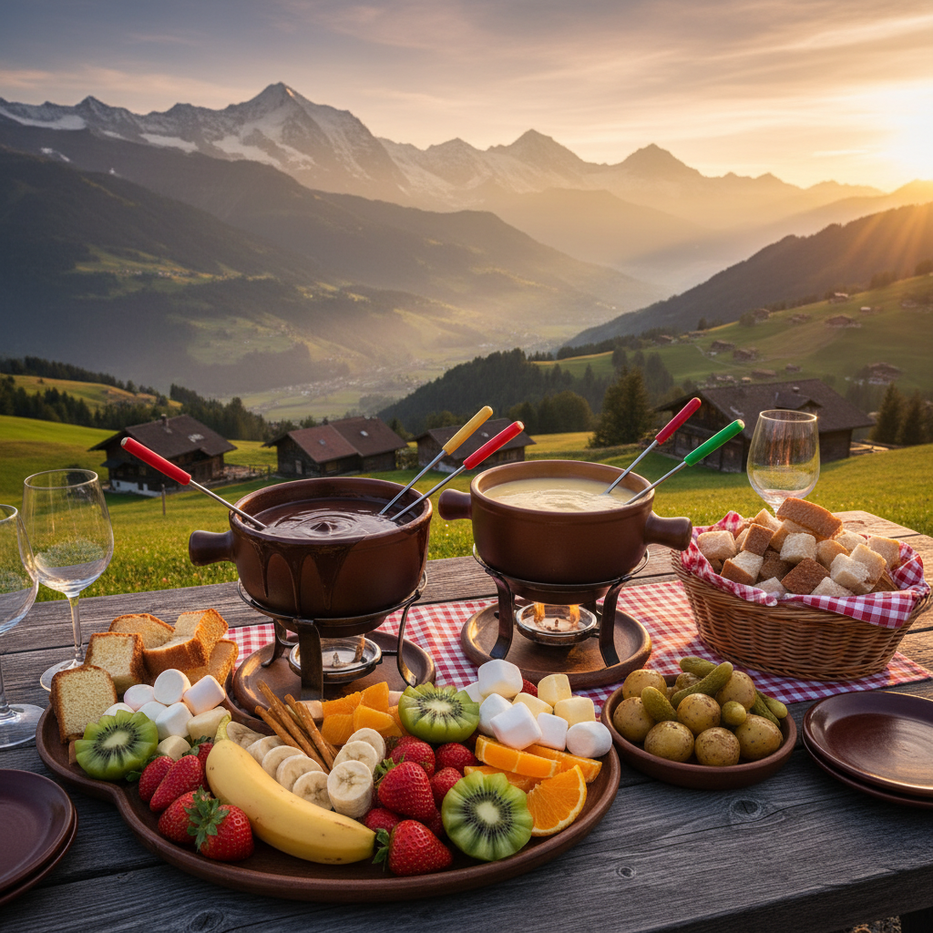 Swiss chocolate fondue cheese traditional cuisine aesthetic