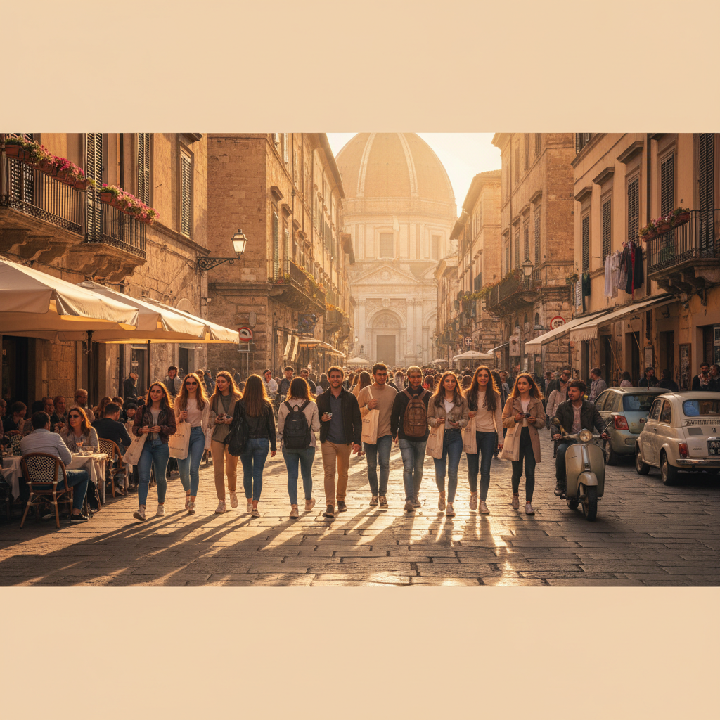 street scene in a bustling Italian city center with young people walking