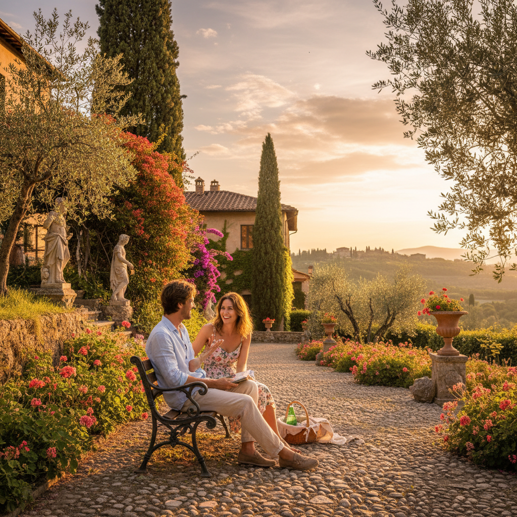 couple on a casual first date at an Italian park bench