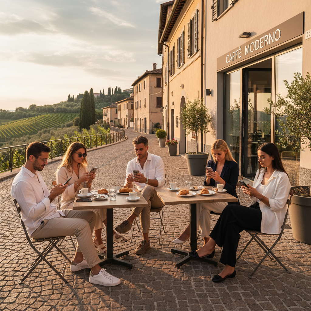 group of young Italians using smartphones in a modern Italian cafe setting