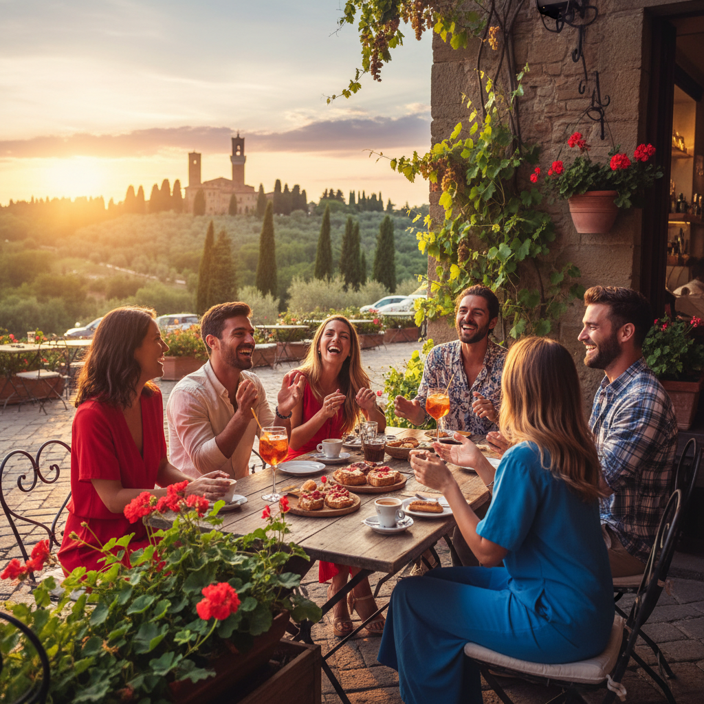 diverse group of friends laughing and chatting at an outdoor cafe in Italy