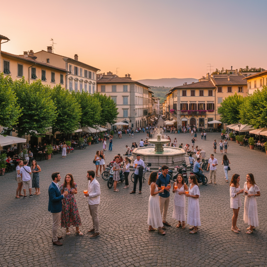 overview of a vibrant Italian piazza with young adults socializing