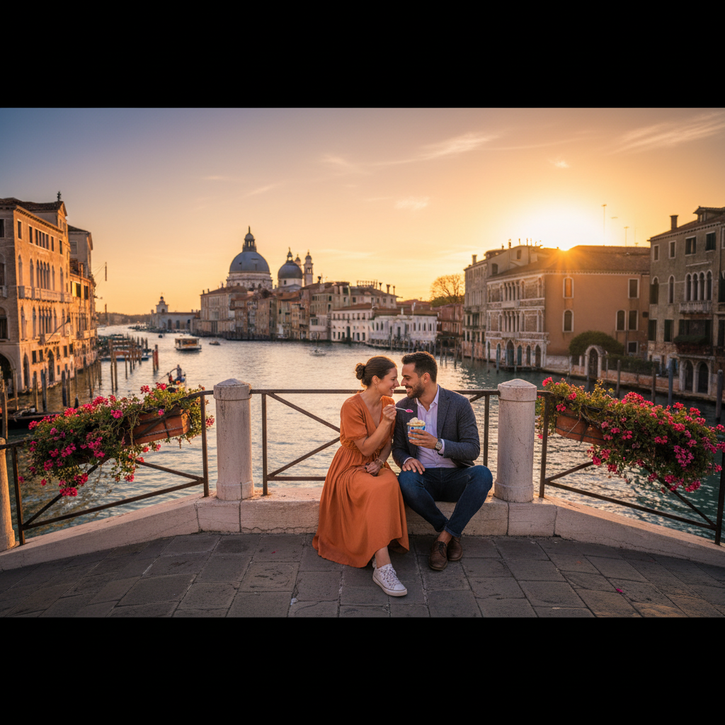 romantic couple sharing gelato on a bridge in Venice