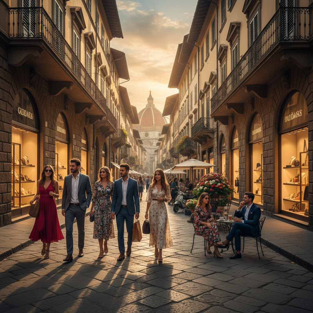 boutique shopping street in Florence with fashionable young people