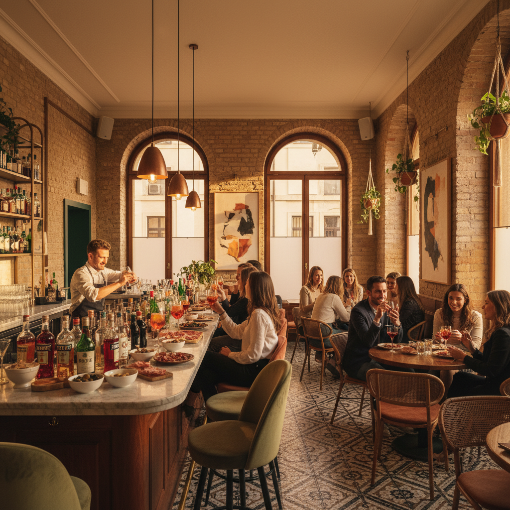 trendy Italian bar interior with people enjoying aperitivo