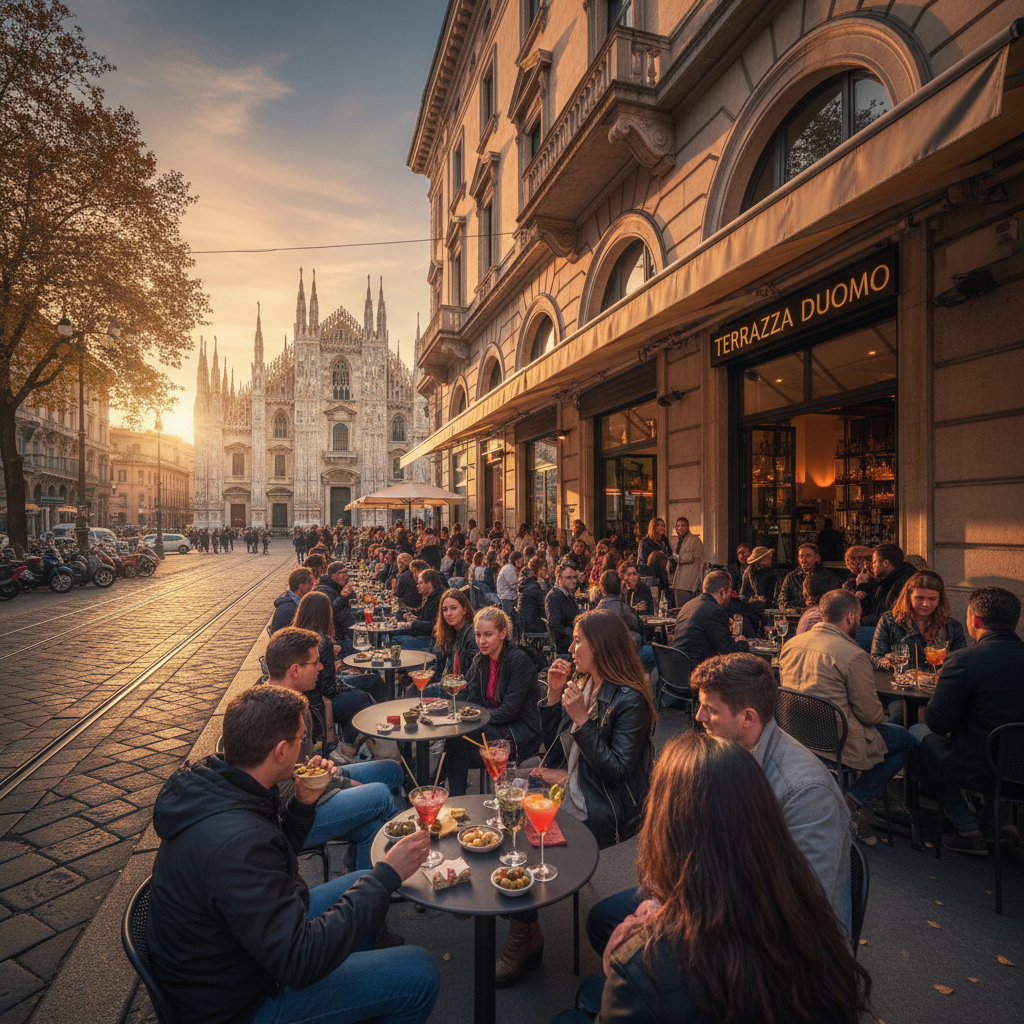 popular aperitivo bar in Rome or Milan at golden hour
