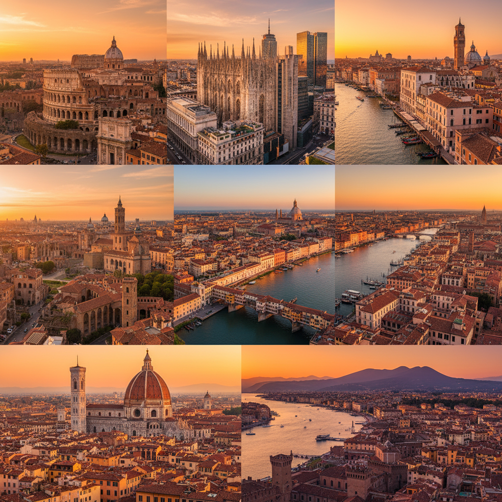 Italy cities collage Rome Milan Venice Florence Naples aerial