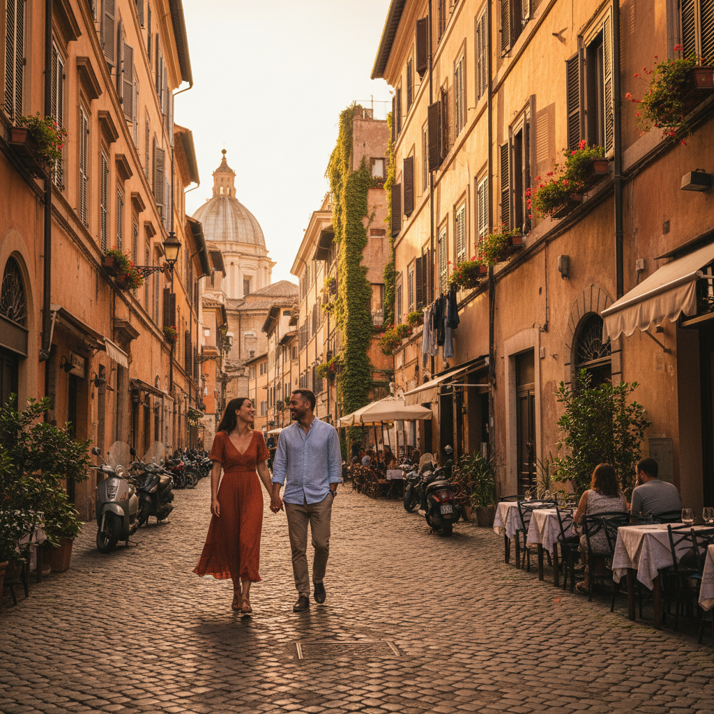 Couple walking together through Rome Trastevere cobblestone streets