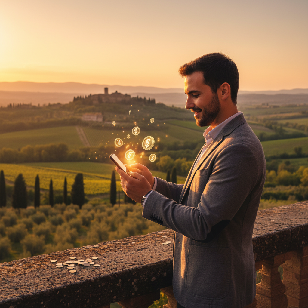 Young Italian professional smartphone coins digital earning