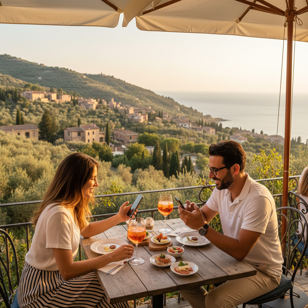 Italian couple smartphone cafe aperitivo social media