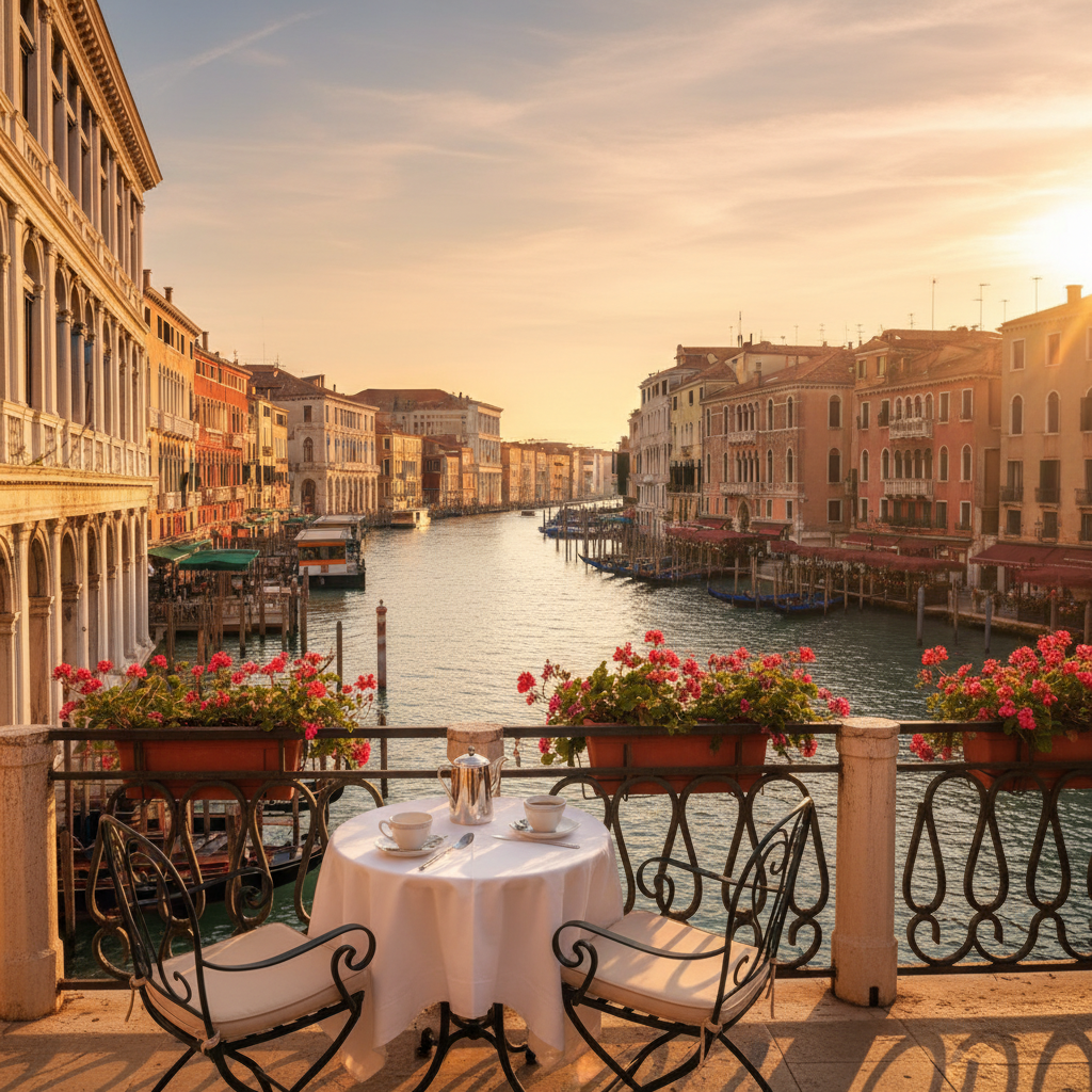 Venice Grand Canal luxury hotel balcony morning light