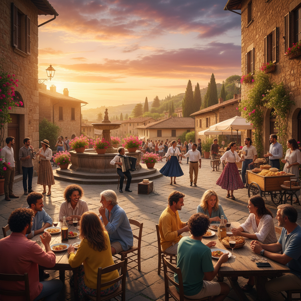 Italy diverse people social gathering piazza connection sunset