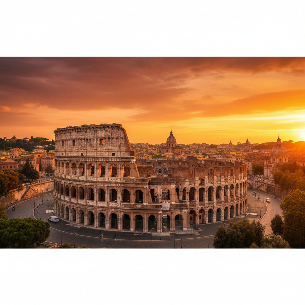 Rome Colosseum sunset golden hour panoramic cityscape