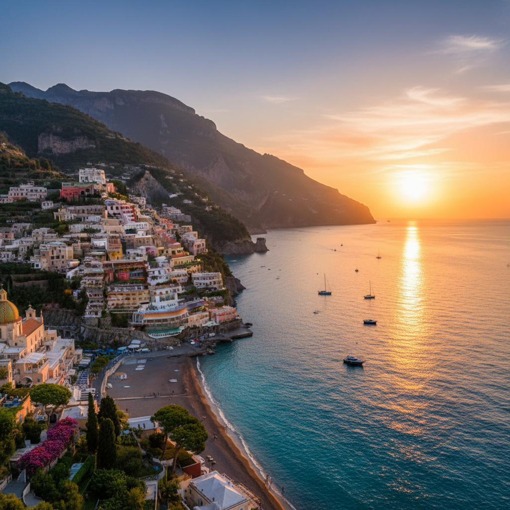 Amalfi Coast Positano dramatic cliffside sunset Mediterranean