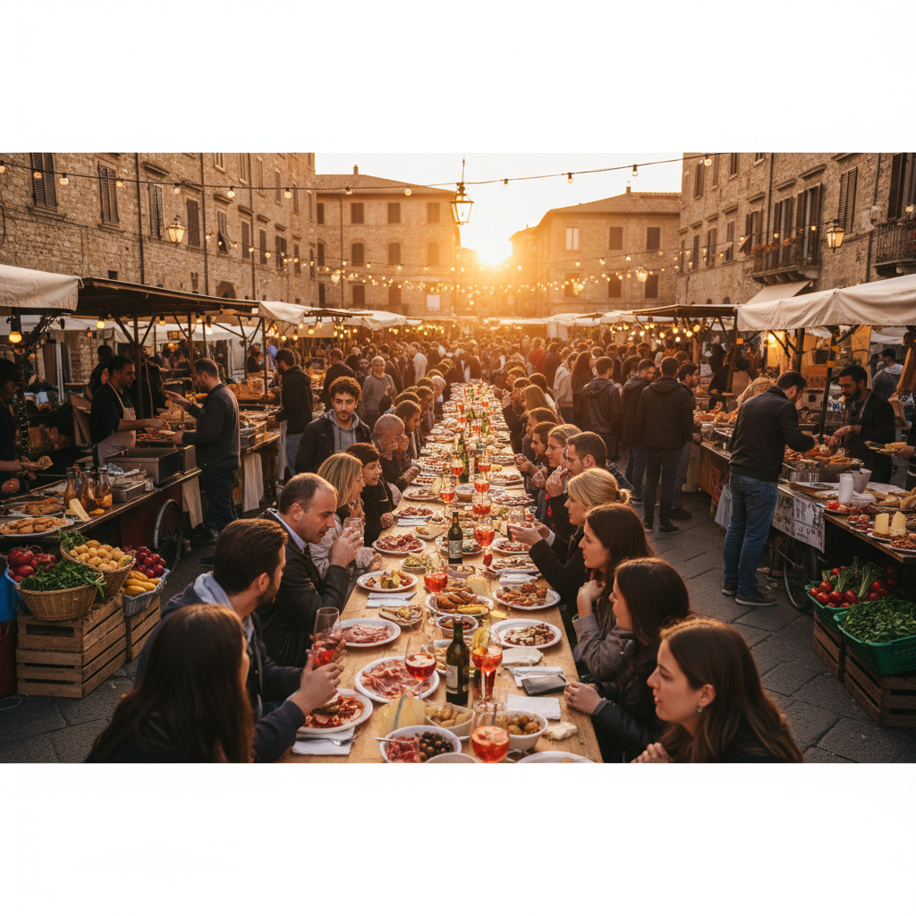 Italian street food market aperitivo vibrant evening scene