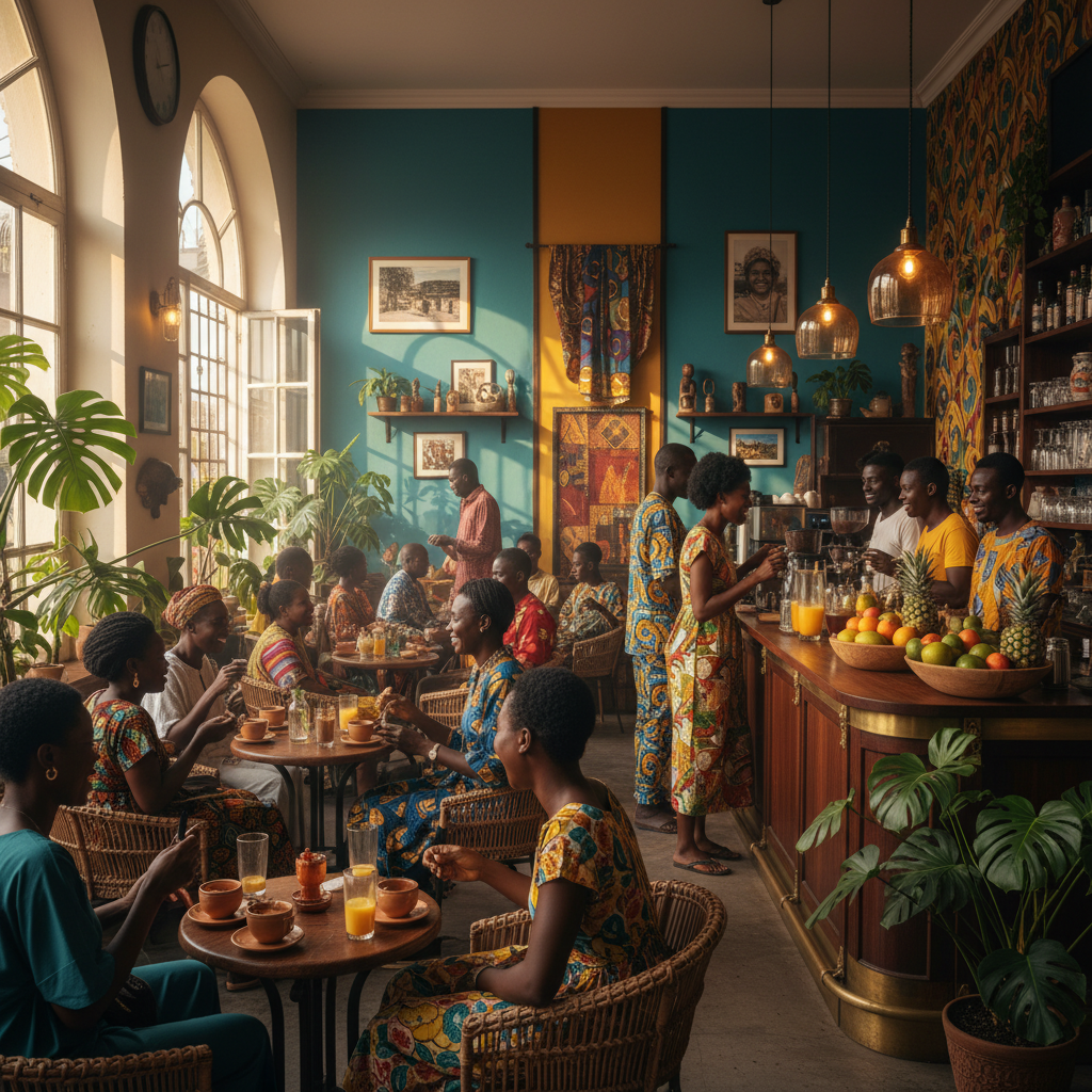 vibrant cafe interior with patrons Ivory Coast horizontal