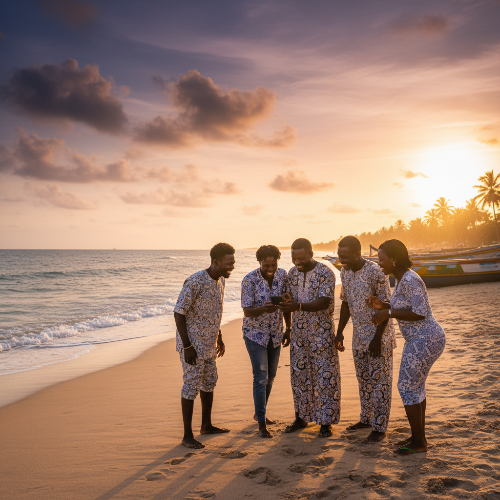 group of friends sharing mobile phone Ivory Coast horizontal