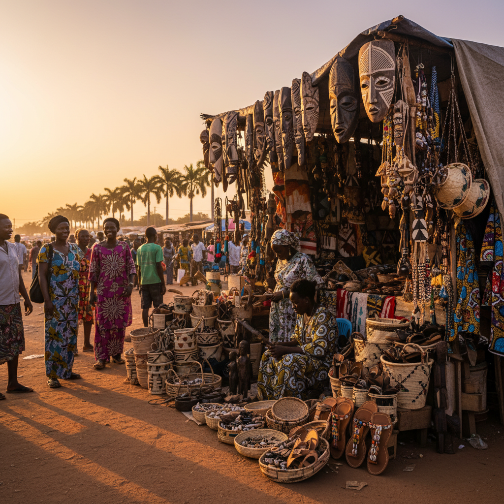 artisan crafts stall at a market Ivory Coast horizontal
