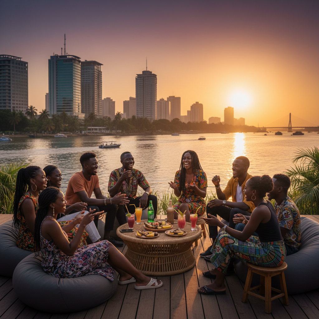 young adults socializing outdoors Abidjan horizontal