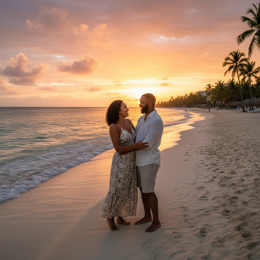 Jamaican couple beach meeting smiling Seven Mile Beach