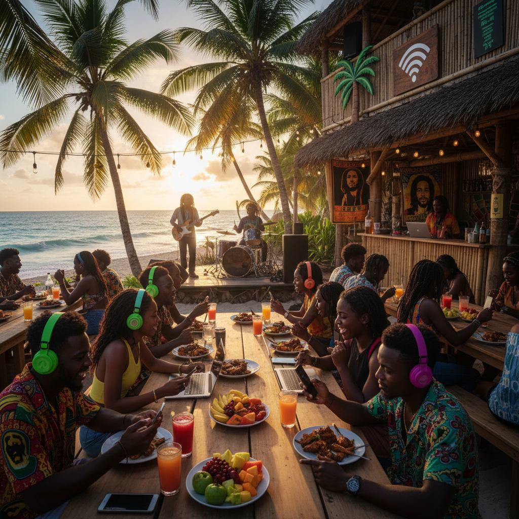 Jamaica smartphone social media cafe young people reggae
