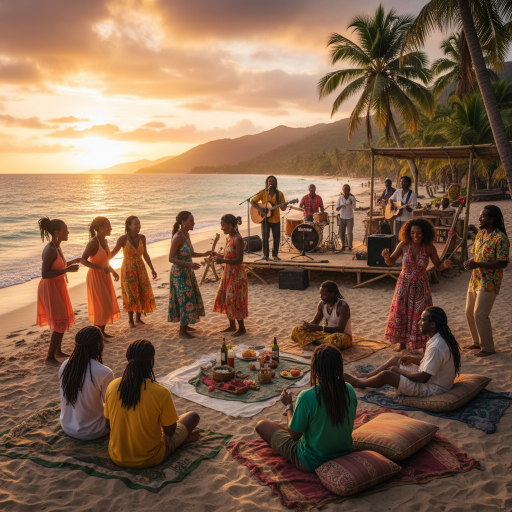 Jamaica diverse people social gathering reggae connection beach