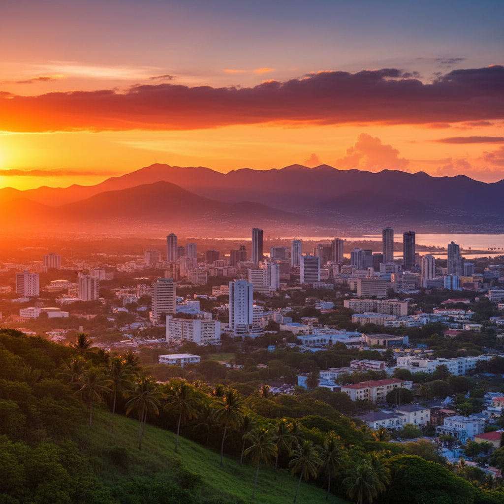 Kingston Jamaica skyline Blue Mountains sunset golden hour