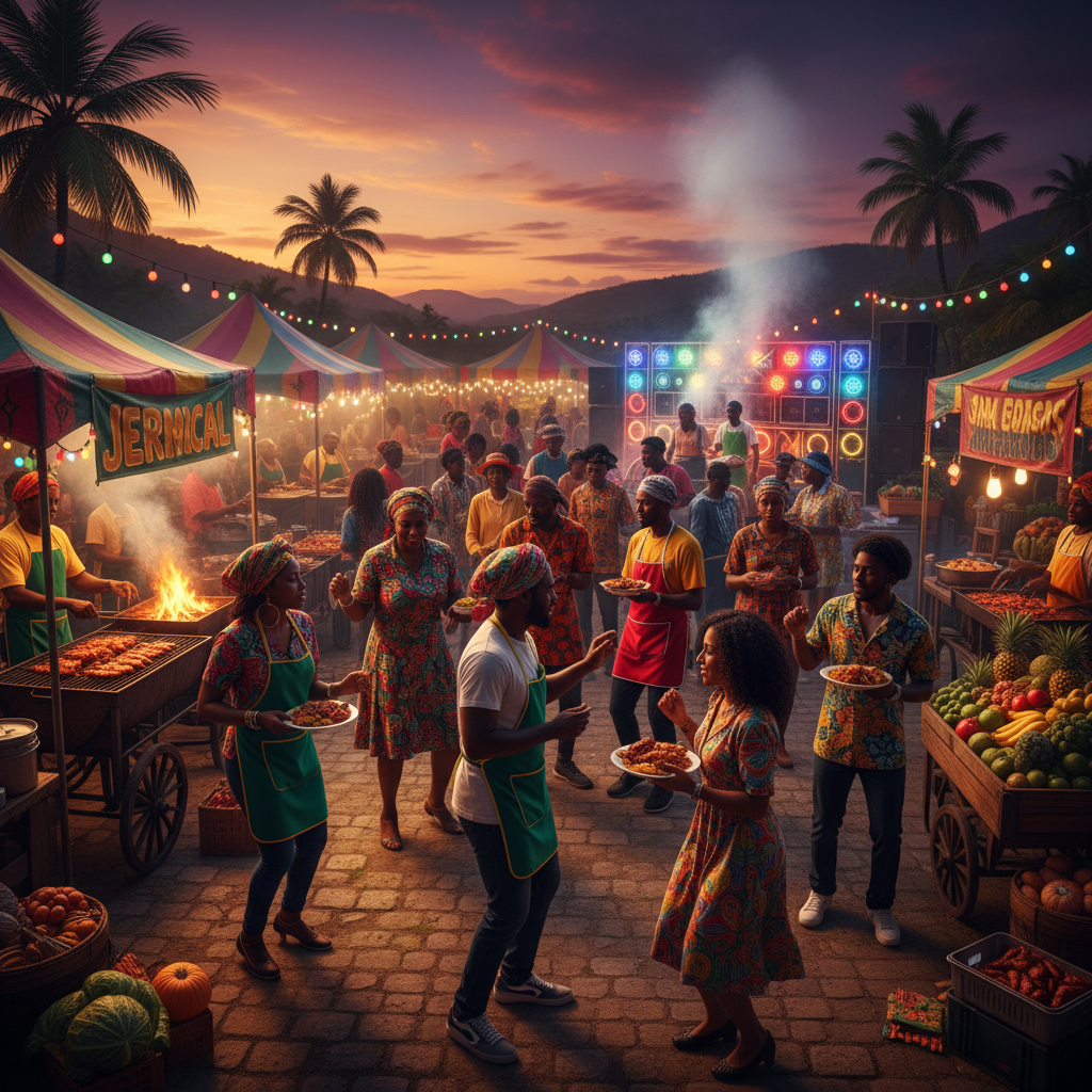 Jamaica jerk food market dancehall night scene colorful