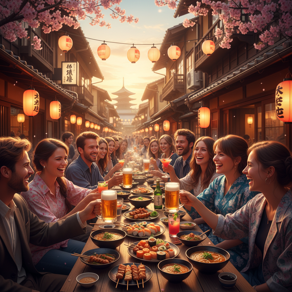 Young adults enjoying drinks at a lively izakaya in Japan, horizontal