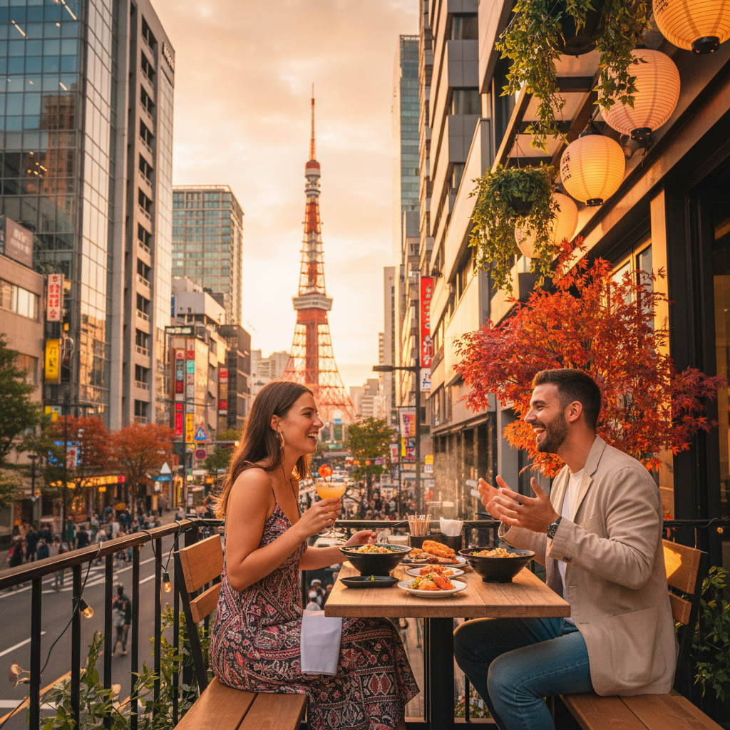 Couple on a casual date at a Tokyo restaurant, horizontal