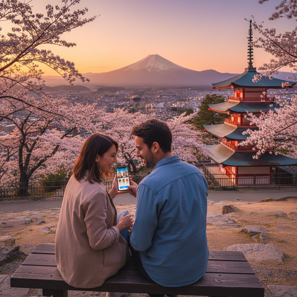 Man and woman looking at a dating app on a phone in Japan, horizontal