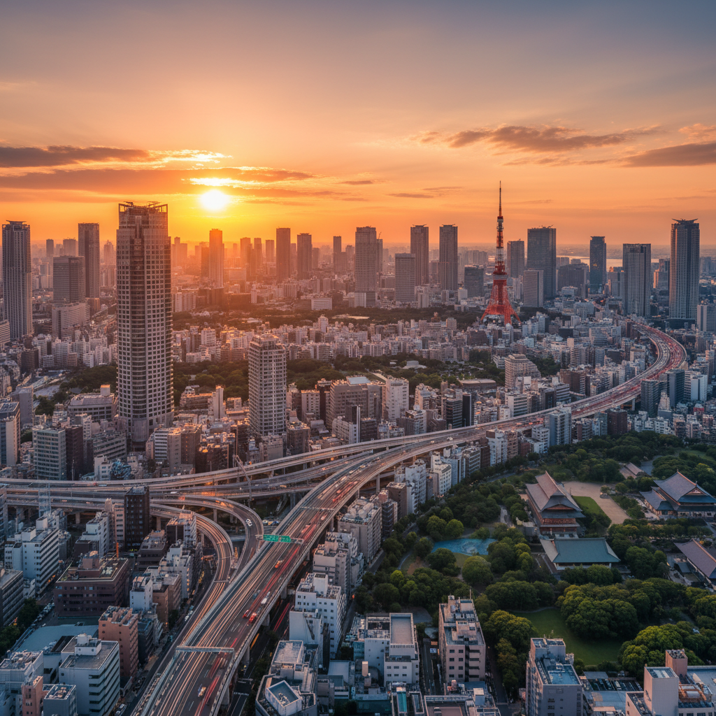Modern Japanese cityscape with skyscrapers, horizontal