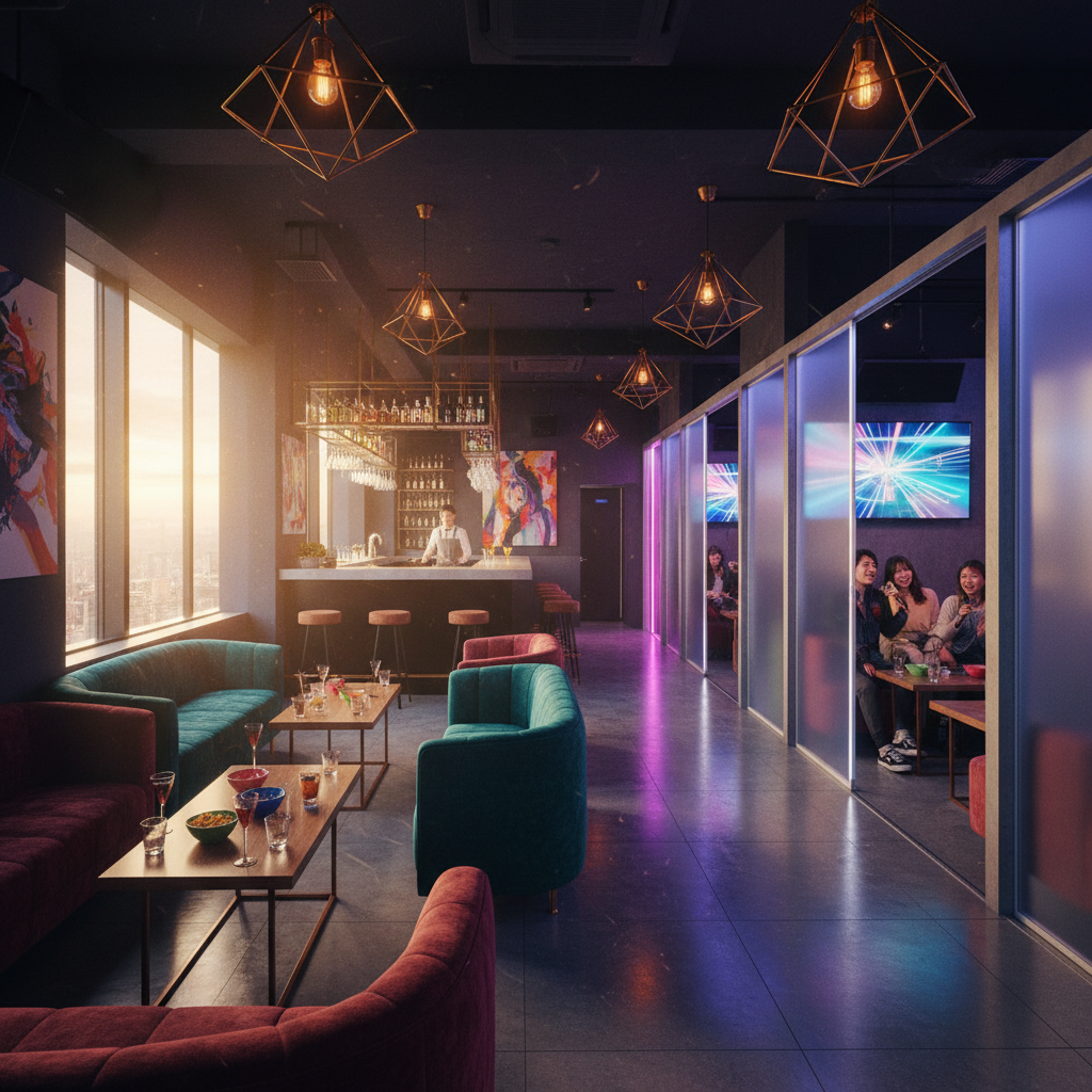 Interior of a modern karaoke bar in Japan, horizontal