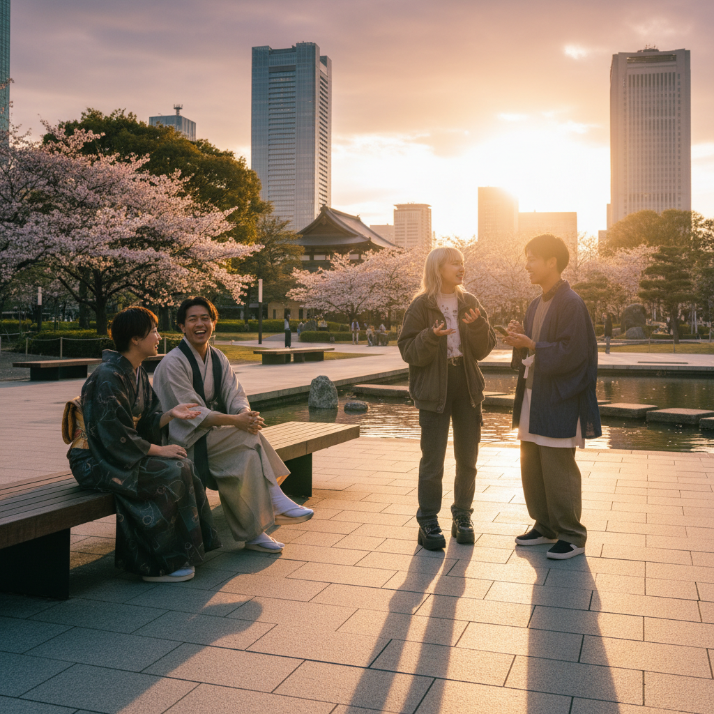 Stylish Japanese young adults interacting in a public space, horizontal
