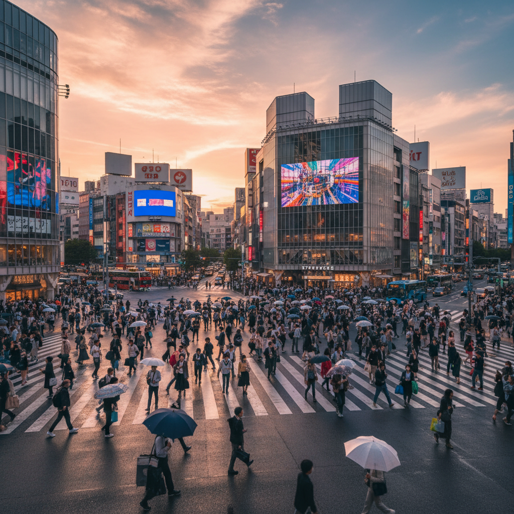 Vibrant street scene in Shibuya, Tokyo, Japan, horizontal