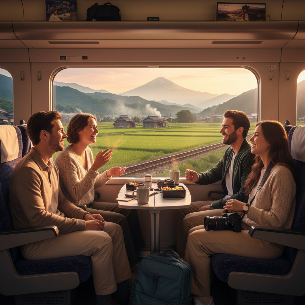 Group of friends chatting on a train in Japan, horizontal