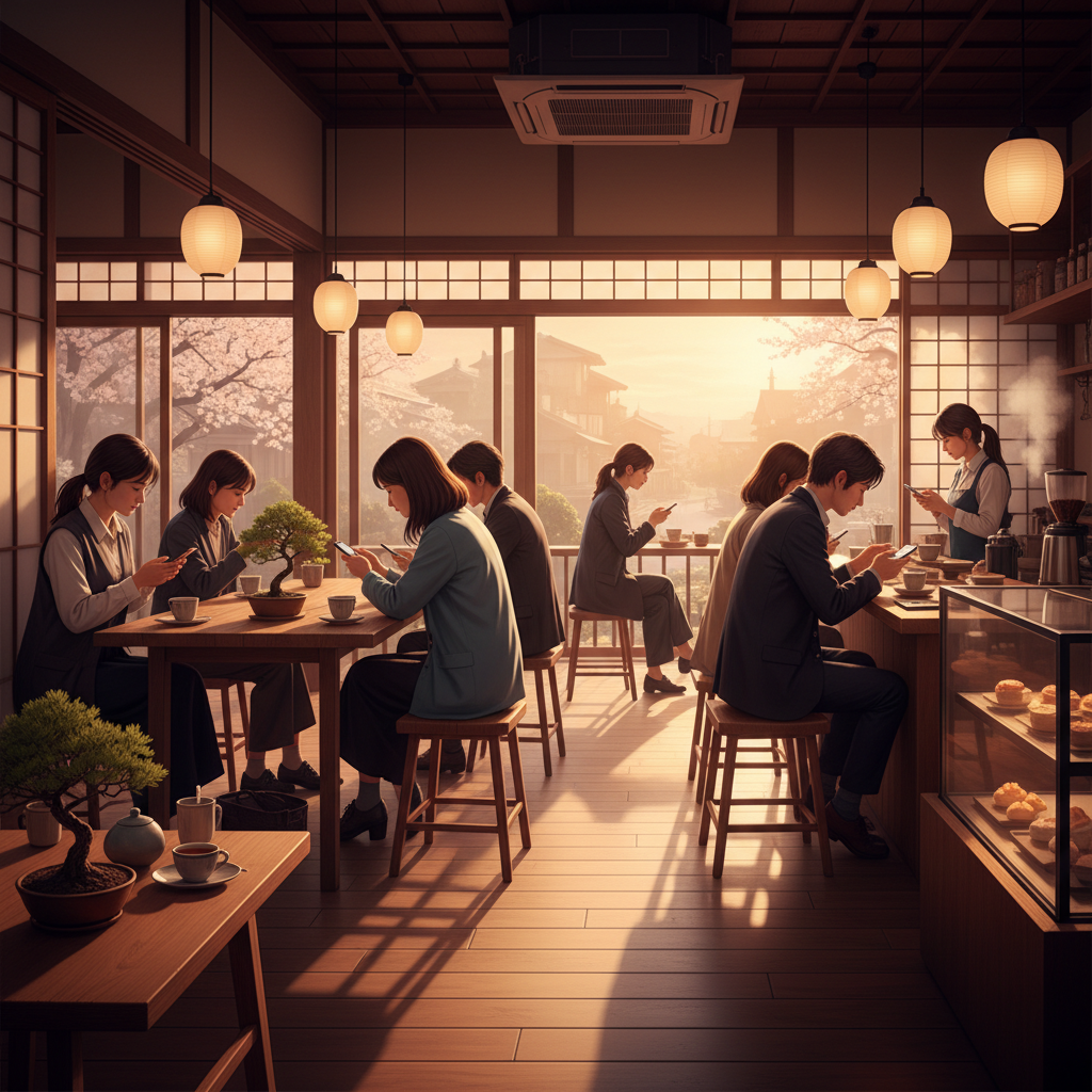 People using smartphones in a Japanese cafe, horizontal