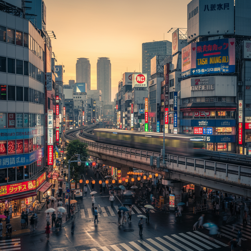 Busy entertainment district at night in Shinjuku, Japan, horizontal