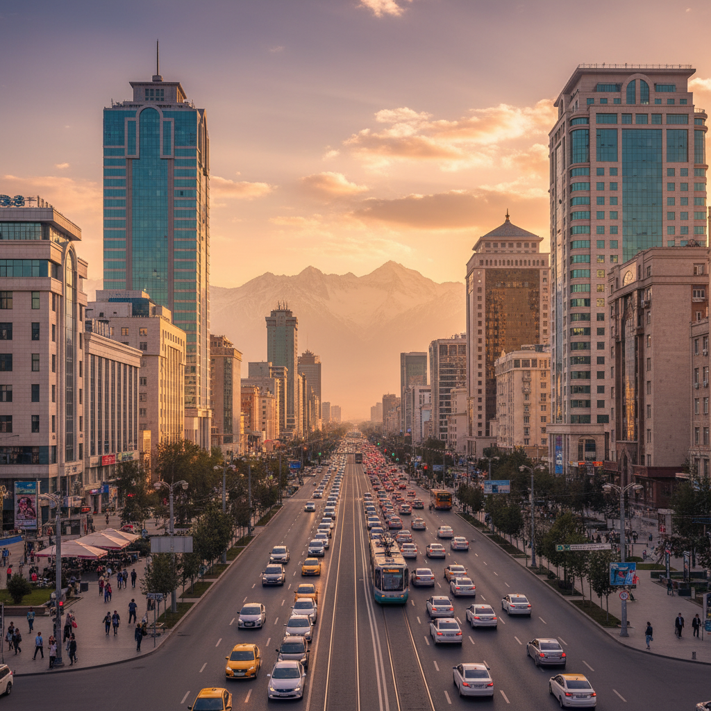 panoramic view of Almaty, Kazakhstan with mountains in background