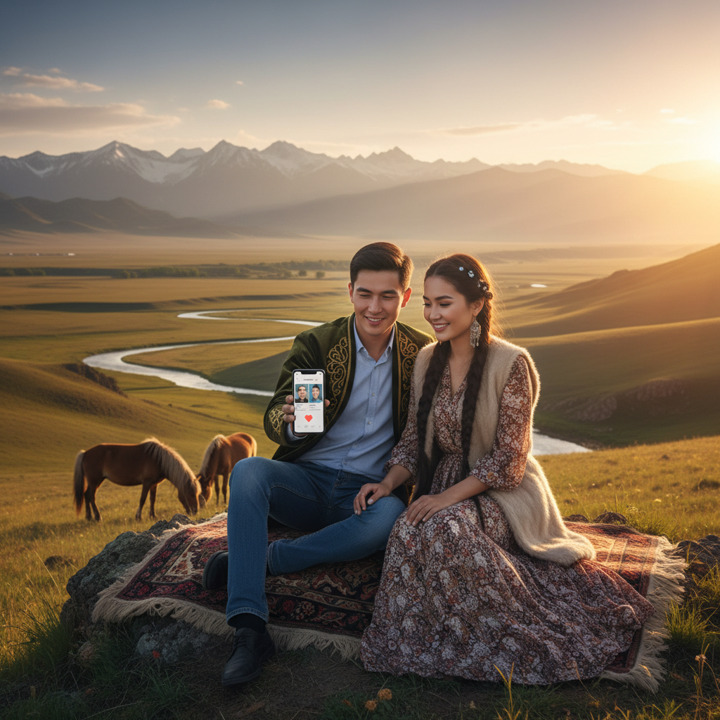 couple using a dating app on a smartphone in a cafe in Kazakhstan