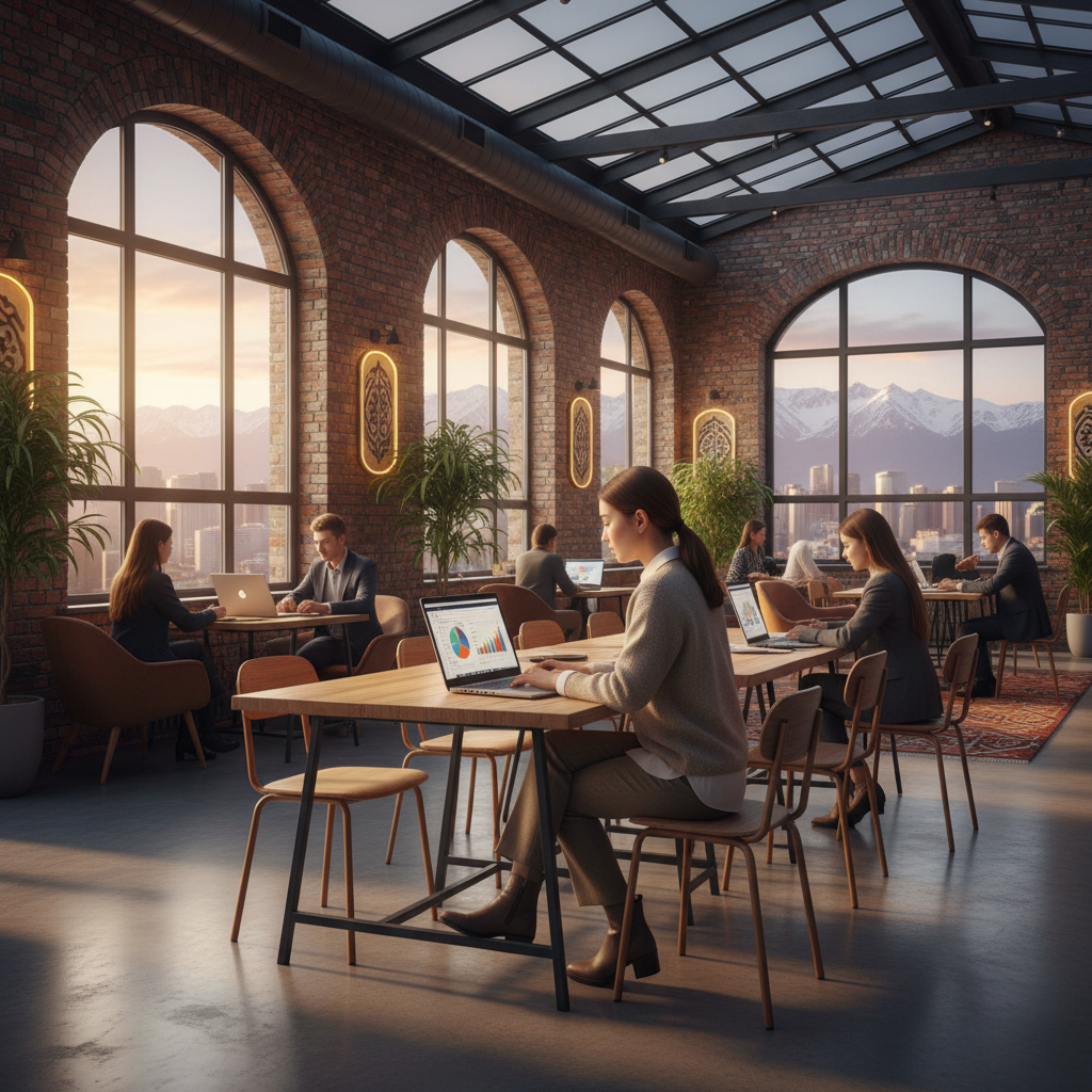 young entrepreneur working on a laptop in a co-working space in Kazakhstan