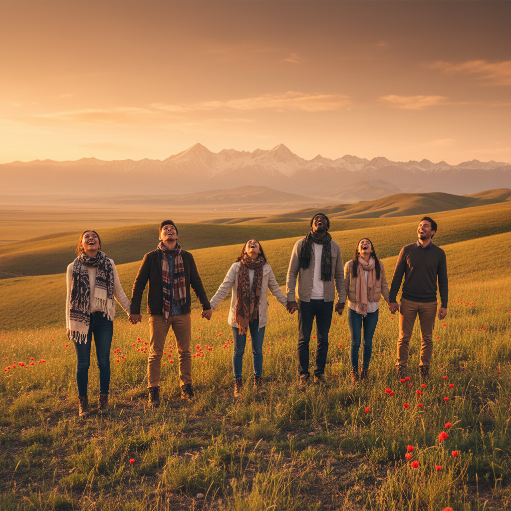 group of diverse friends laughing and joining hands in Kazakhstan
