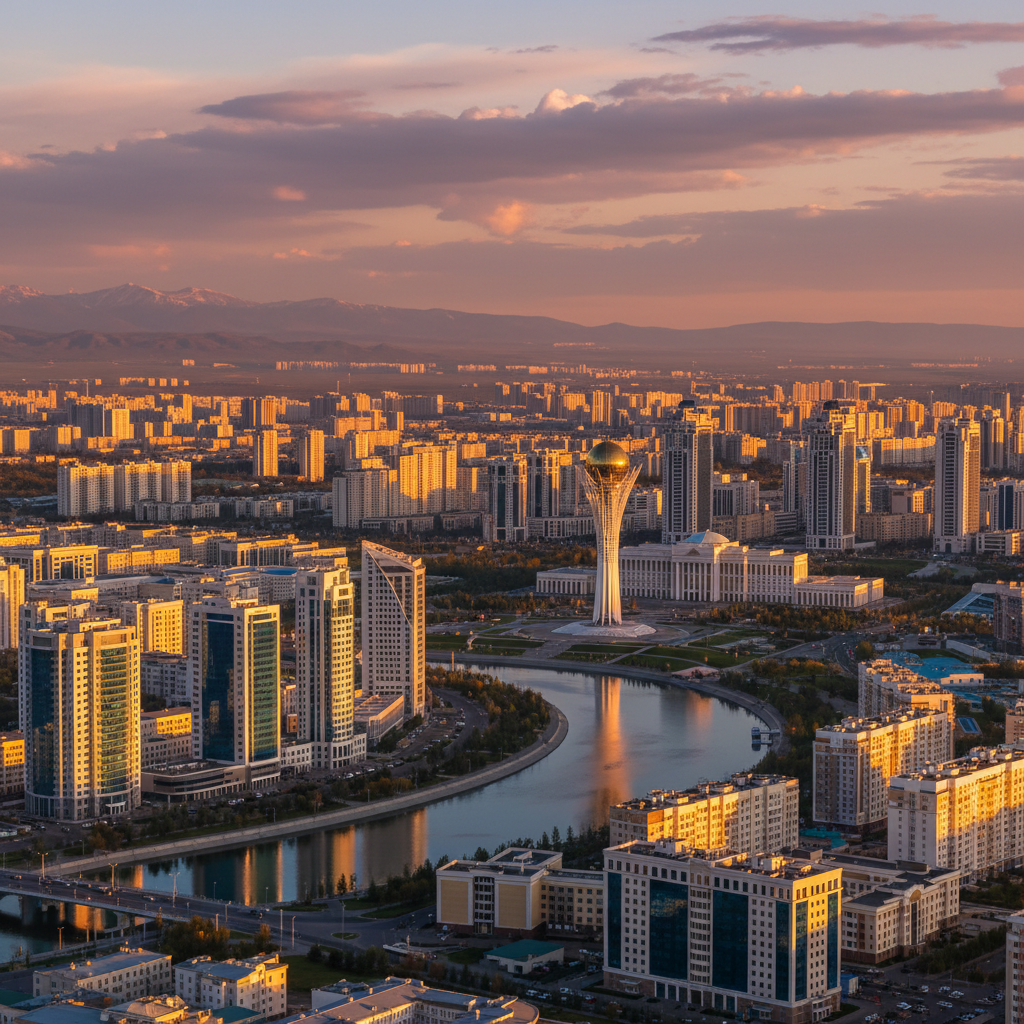 modern cityscape of Astana, Kazakhstan at sunset, wide angle