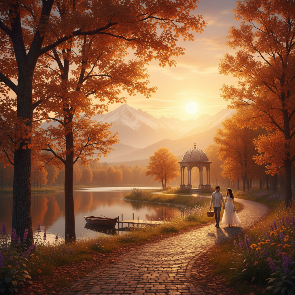 romantic couple walking hand-in-hand in a park in Kazakhstan