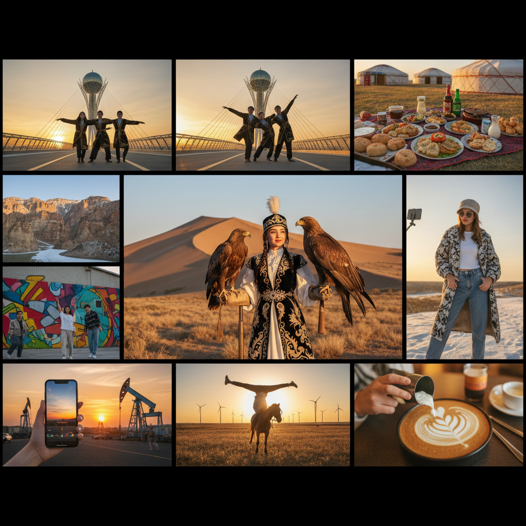 young Kazakh people dancing to a viral trend on a phone screen