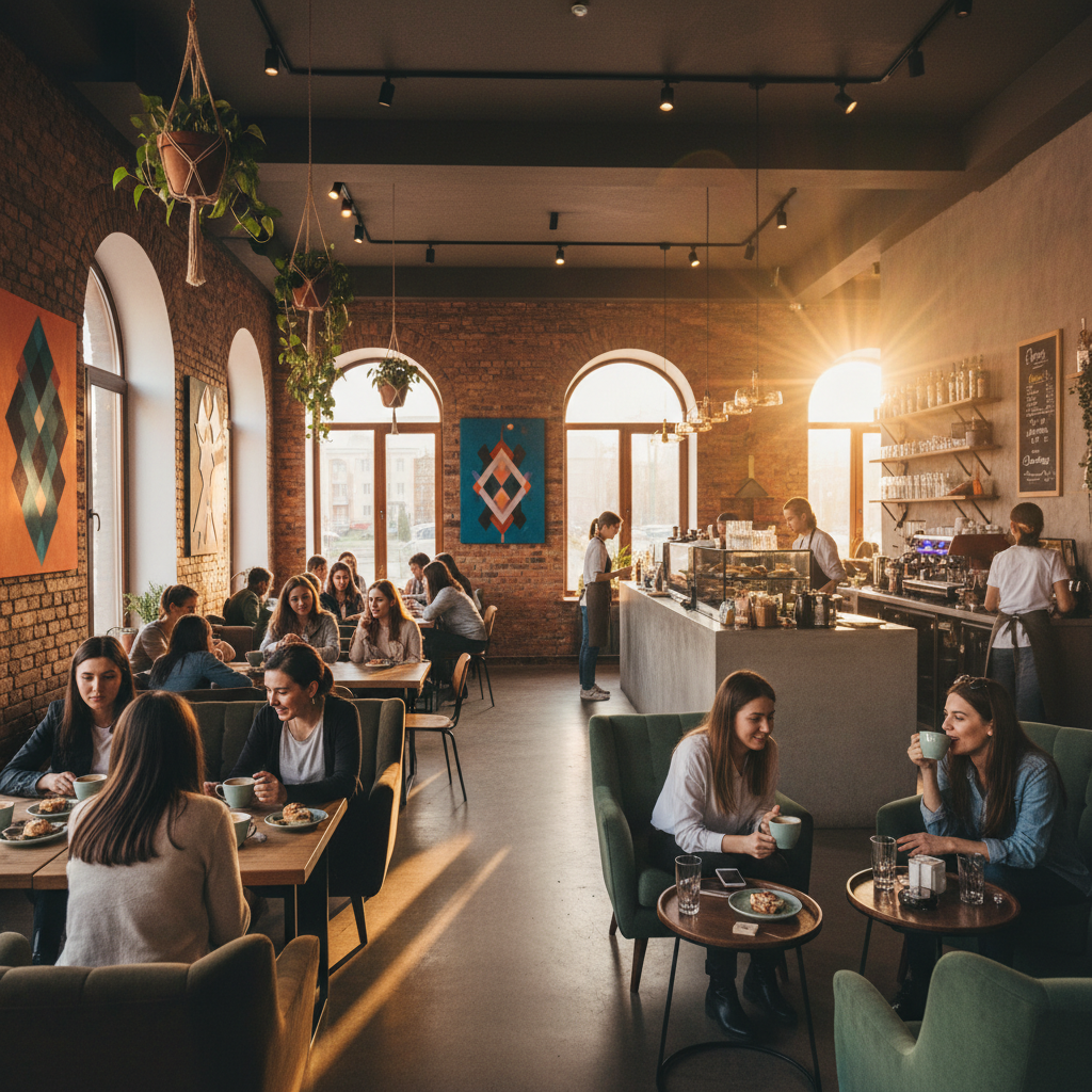 trendy cafe interior in Almaty, Kazakhstan with patrons socializing