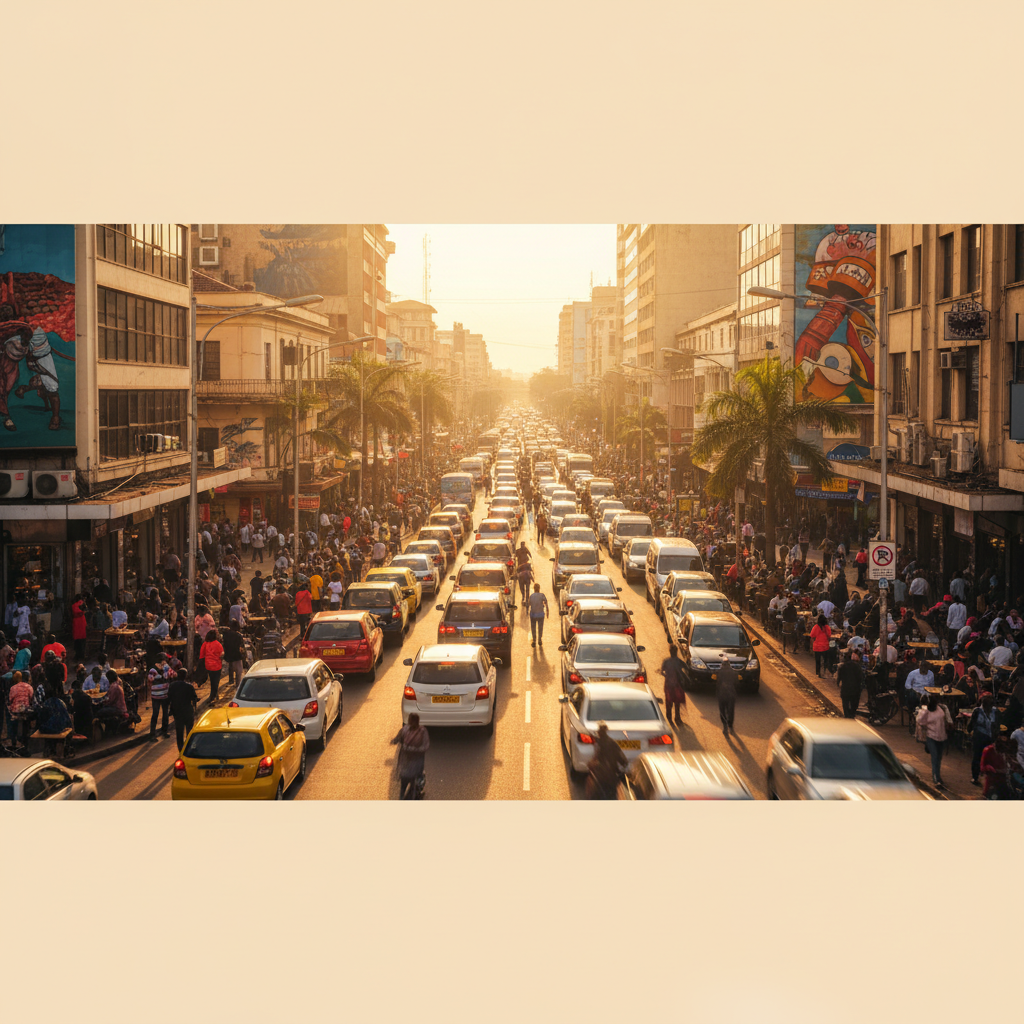 Nairobi city street scene vibrant traffic cafes people interacting horizontally